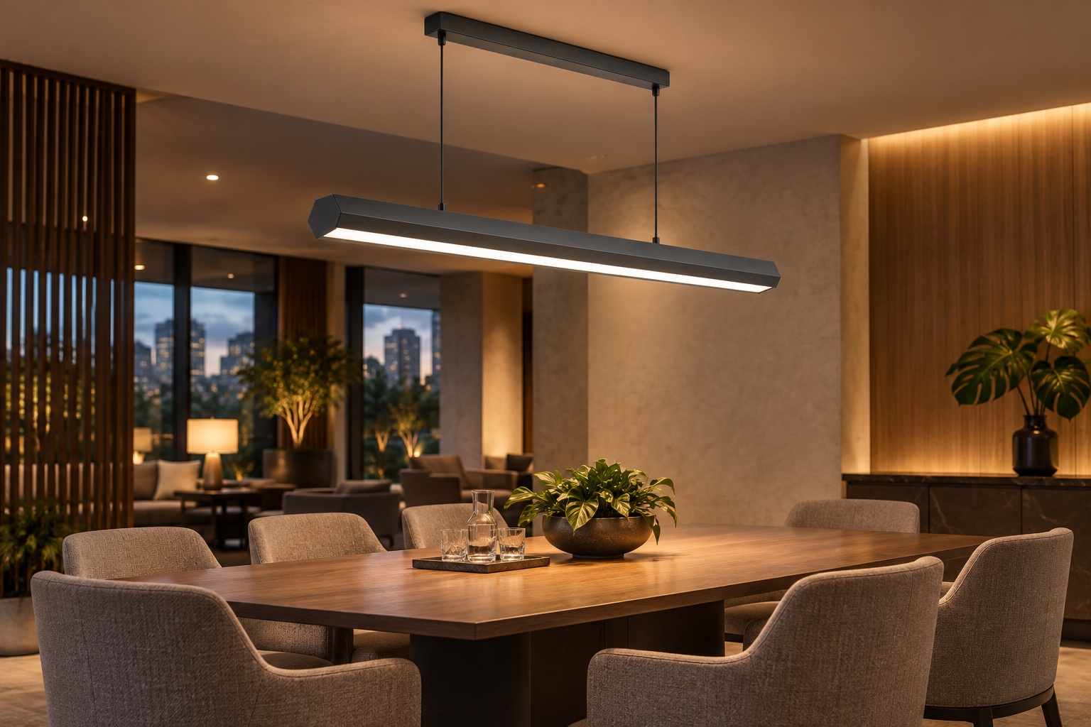 Luminária pendente linear facetada FL 603 — Aplicação em ambiente