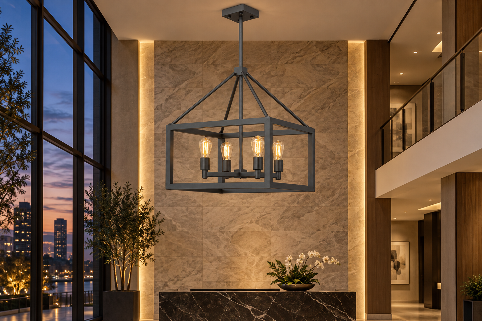 Lustre gaiola retangular de alumínio LT 601 — Aplicação em ambiente