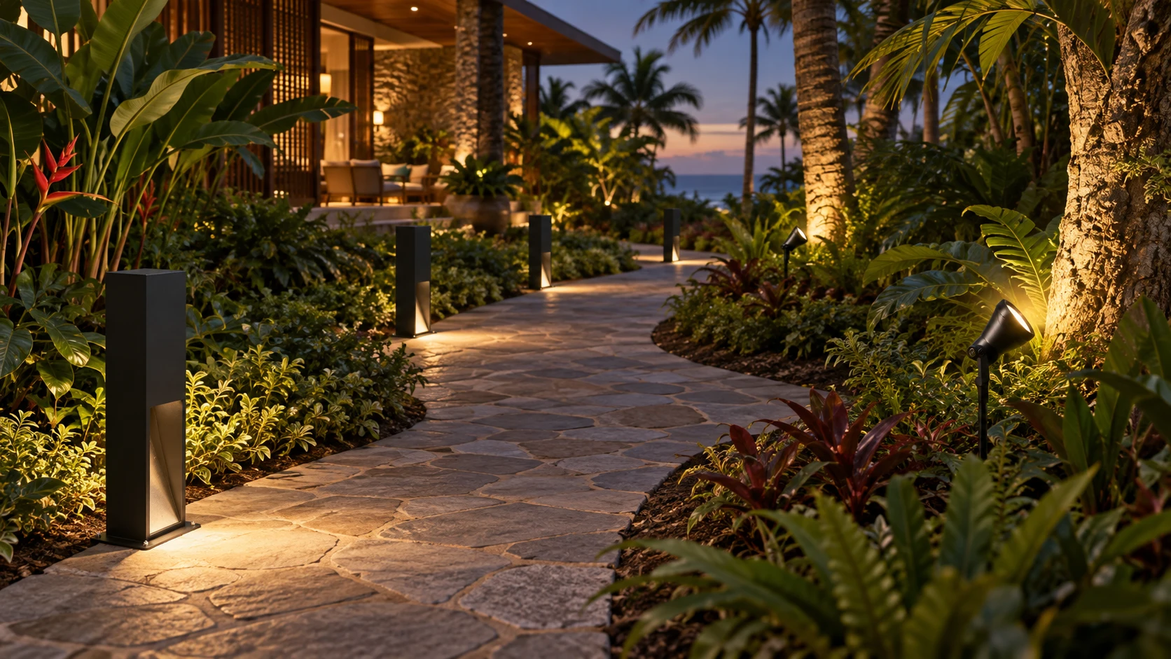 Jardins e caminhos com BL 209 · PJ 165 — imagem ilustrativa criada com IA