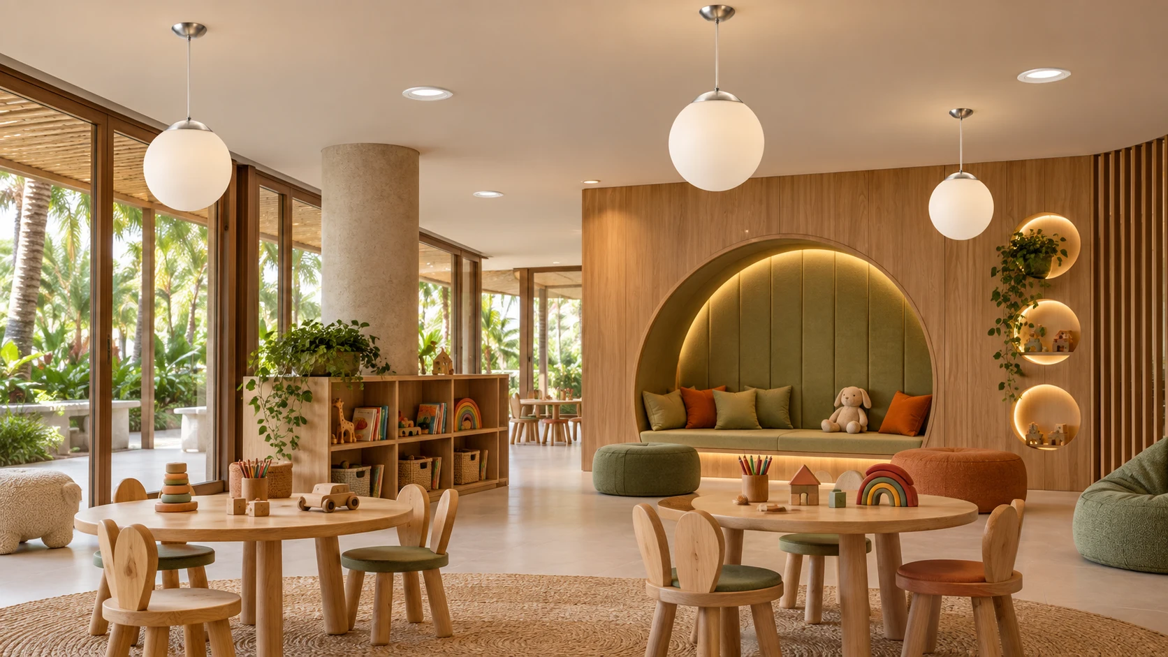 Espaço kids interno com PD 209 · EB 130 — imagem ilustrativa criada com IA