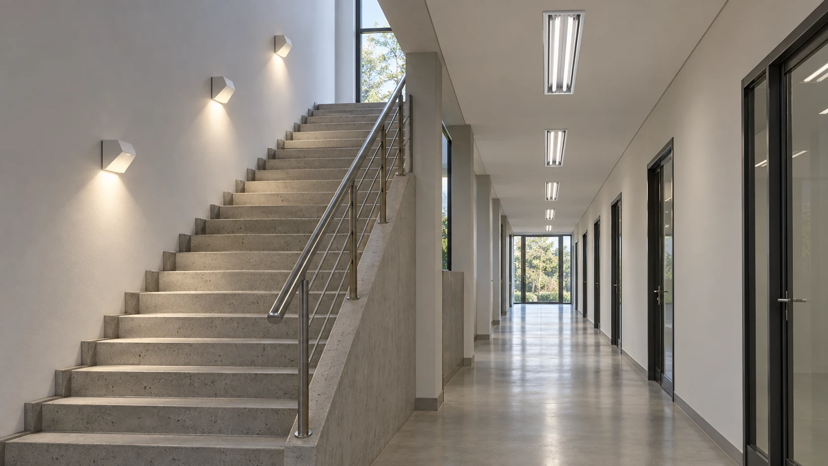 Corredores e escadas com FE 213 · AD 081 — imagem ilustrativa criada com IA