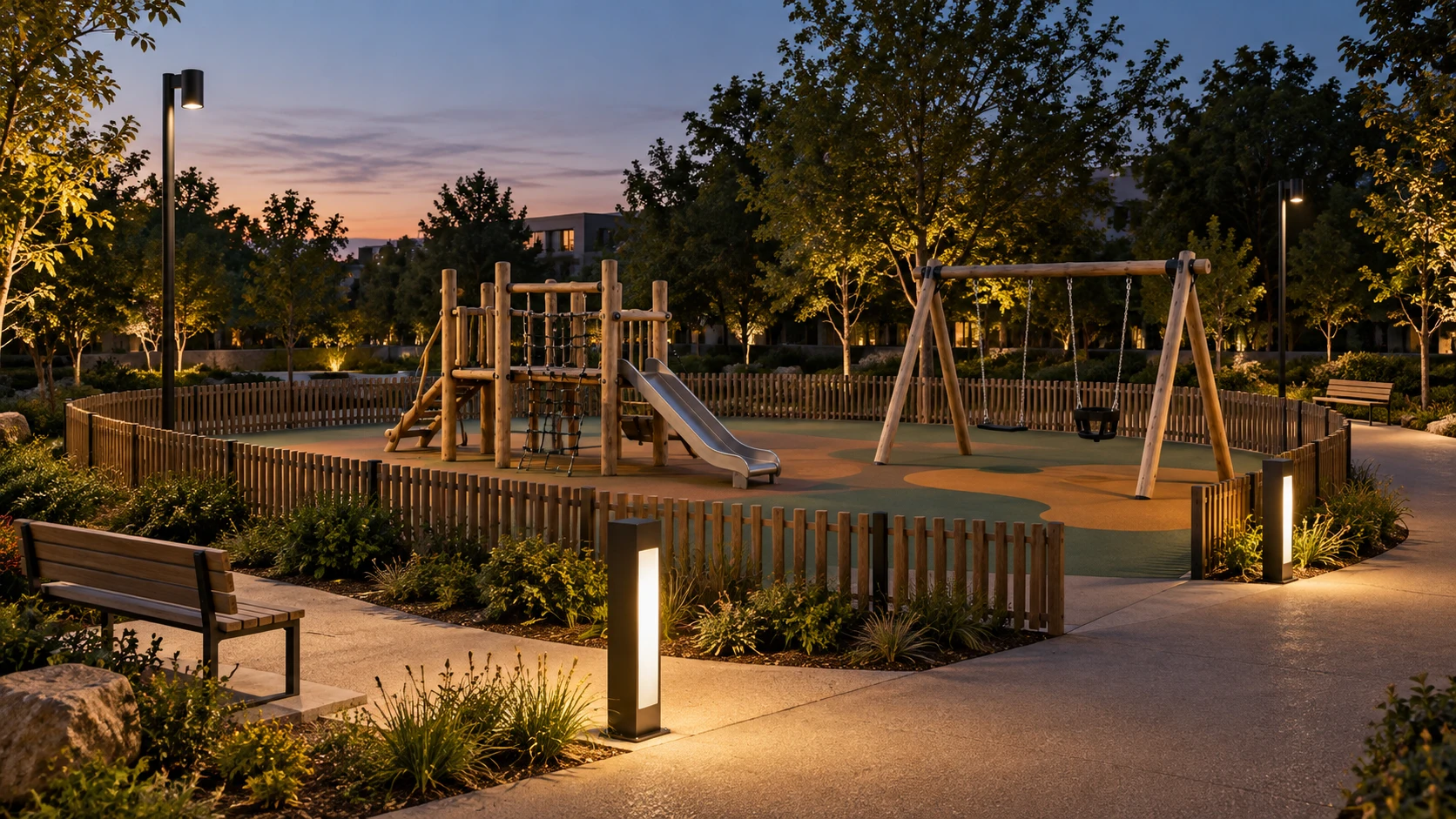 Playgrounds em praças e parques com PT 350 · BL 211 — imagem ilustrativa criada com IA