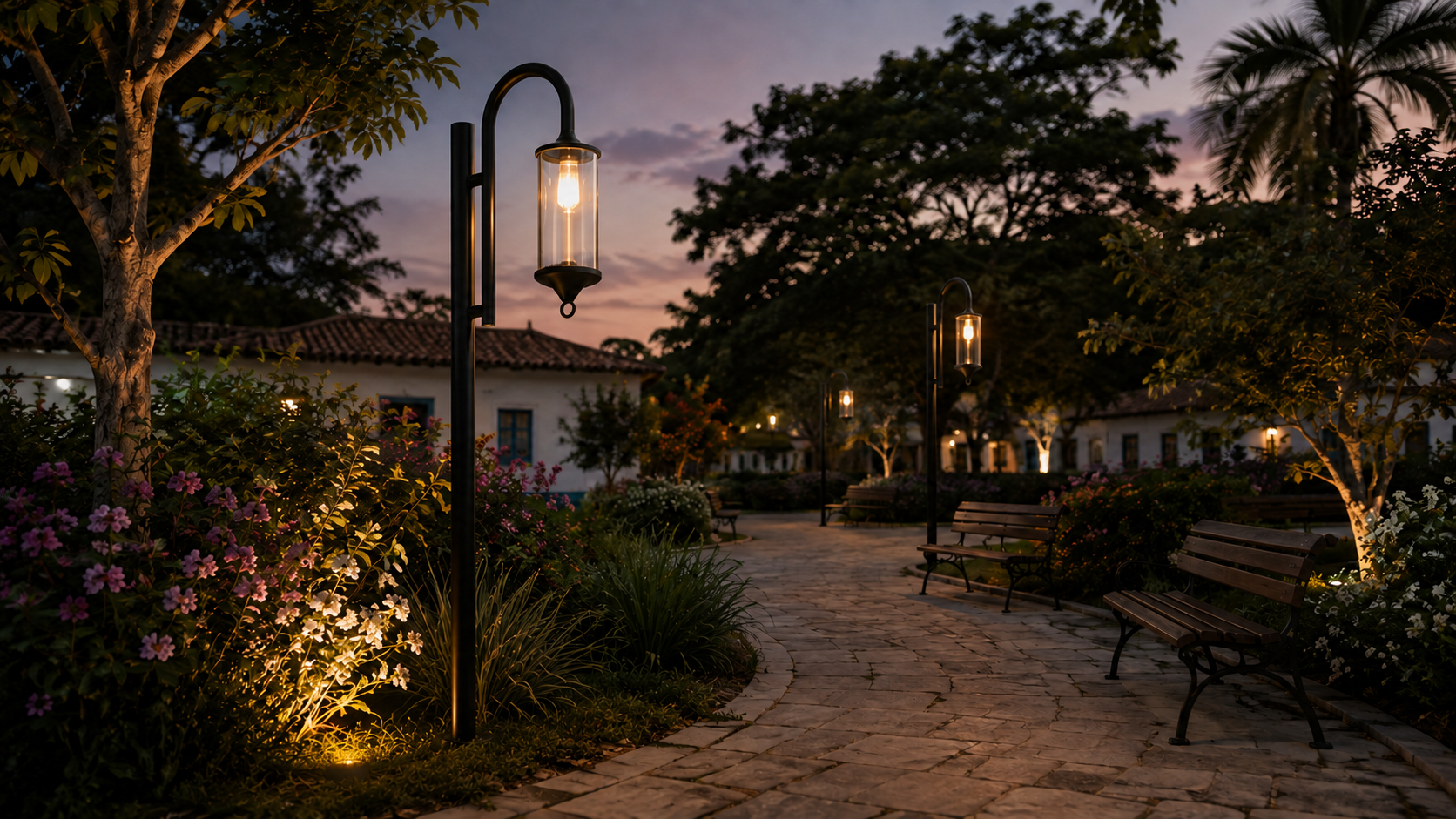 Conceito criado com IA: Praça romântica e jardim florido